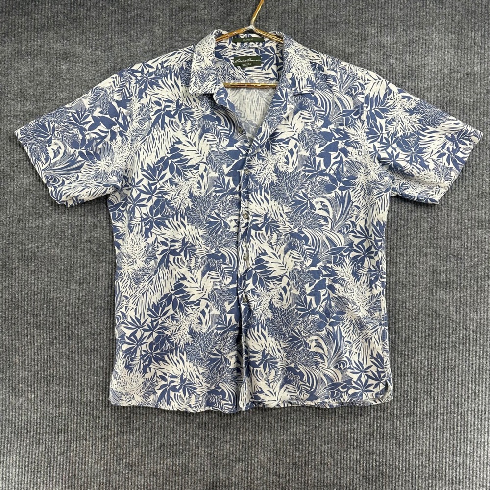Eddie Bauer Shirt Mens Large Blue White Linen Cotton Tropical Relaxed Fit